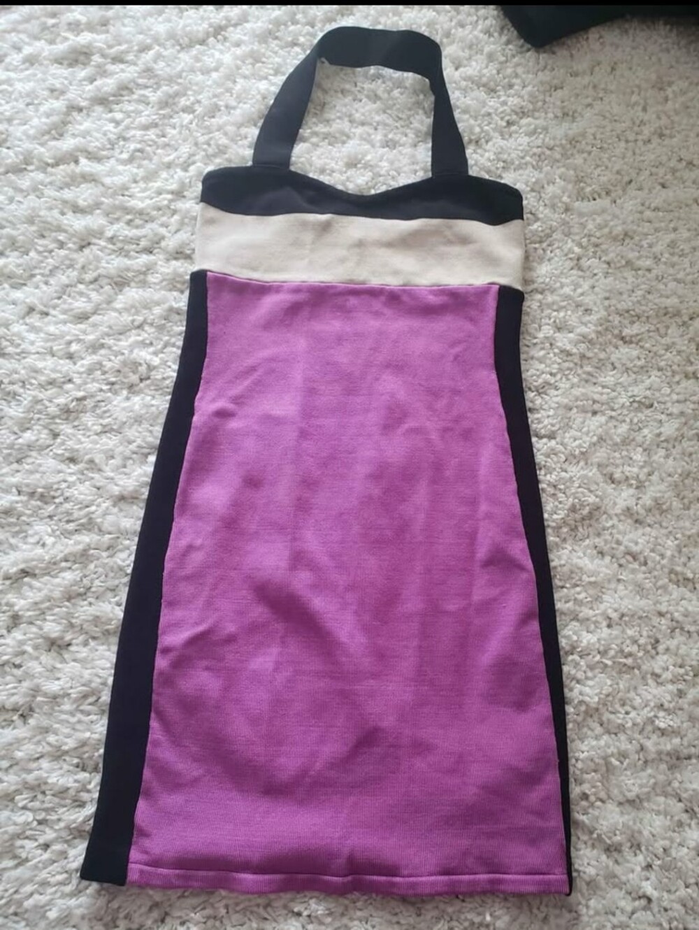 bebe Purple, Black and Cream Halter Bodycon Dress